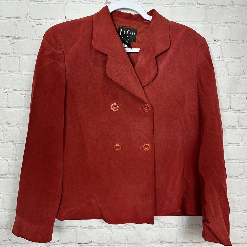80s Via Seta Silk Blazer‎ Jacket Size 4 Shoulder Pads Vintage